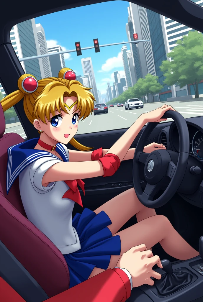 Sailer Moon driving car . The feet pump the pedal And she hold your Hand .you sitting behind her