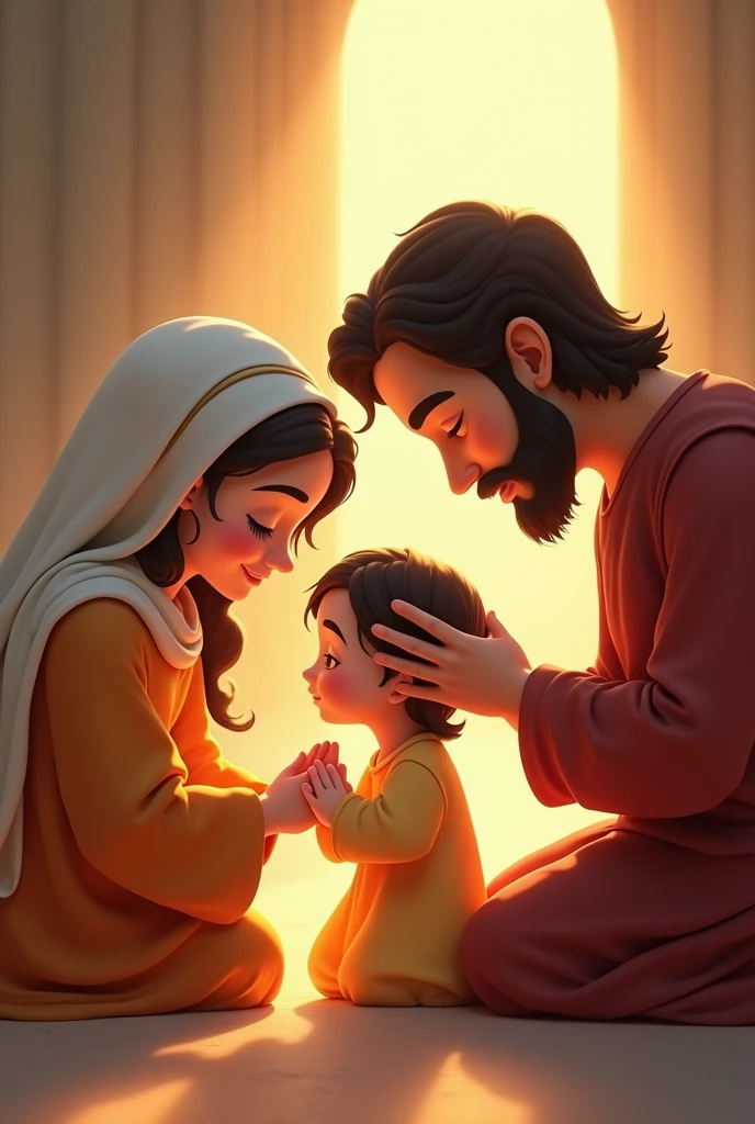 A digital artwork depicting a serene and loving figure resembling Jesus Christ, next to Maria his mother and on the other side Jose his father, kneeling praying. The scene is set in a softly lit environment, criando uma atmosfera quente e acolhedora. The characters have soft, rounded features typical of modern animation styles., with vibrant colors and simplified details to evoke a feeling of tenderness and spirituality. The light softly highlights the expressions of love and innocence, making the moment magical and moving.