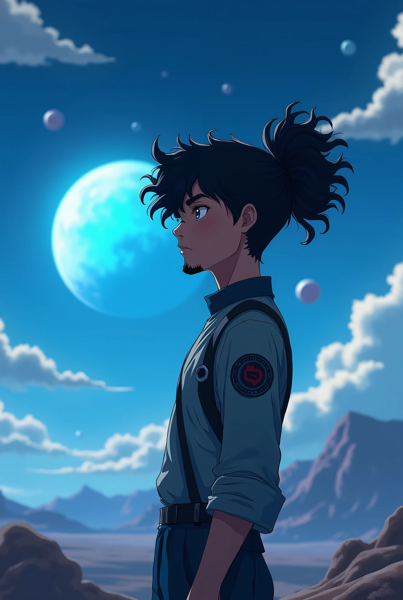 A young man with black curly hair tied in a high ponytail, standing in an alien landscape illuminated by moonlight. He is wearing a futuristic outfit with the sleeves rolled up., with an emblem on the arm. The scene is illuminated by a bright blue planet in the background.. The atmosphere is ethereal, with floating spheres in the sky and a sense of calm. The young man has a focused expression, gazing at the horizon, with a discreet goatee, without earrings, that complements your modern look. 2d anime character