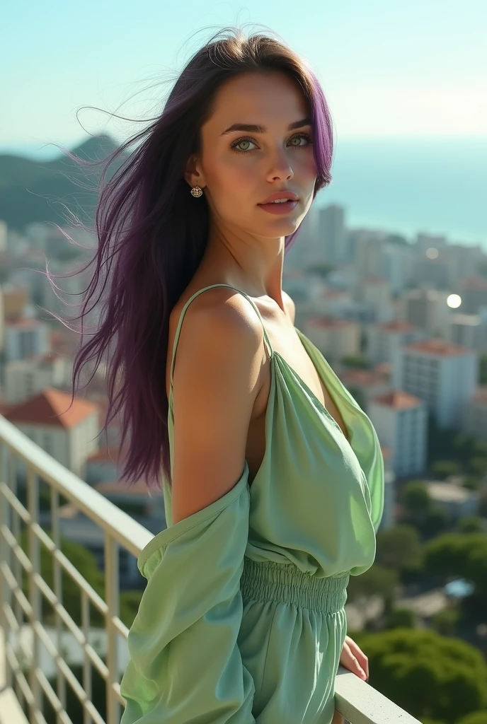 English woman,20 year, very white light skin,sparkling green eyes,long dark purple hair,gorgeous makeup,do it on the balcony,light green jumpsuit,windy hair and clothes,seeing the city of Bahia ,full focus,fot,cinema image,品質,full body images,detailed,Photography