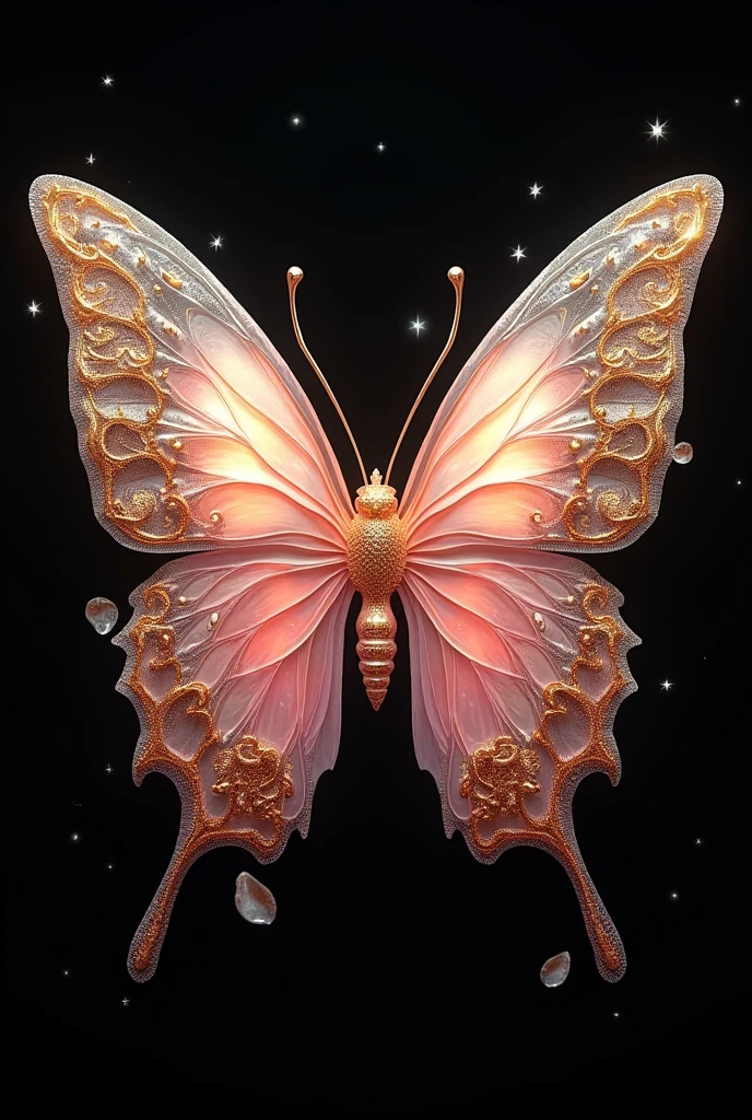Completely black background with a butterfly in the middle of the screen, with colours in combination with pale pink and derivatives; and golden, mythical and crystal art style, that has details in the structure of the drawing referring to a parrot,  a turtle and a musical note 