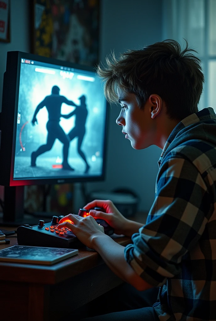Two teenage boys playing a fighting game (the fight in the game is between the shadow of other twi teenagers) realistc