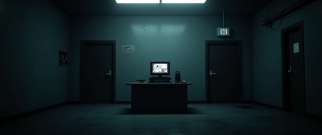 I want you to create images. I'm going to use them in a fnaf fan game I'm making., call "Five Night's at Sandman". Image Description: A dark and gloomy room, with a table and a security monitor on top of it. There needs to be a half-open door on the sides of the table. (not completely open). Place the doors on the wall in front of the table.. Do not place doors on the walls that are on the sides of the table.. Important: A DOOR ON EACH SIDE OF THE TABLE! *The image needs to be in first person, as if the camera were a person's eyes* make a realistic image. REMEMBER THE IMAGE IS FOR A GAME/FNAF STYLE FAN GAME!