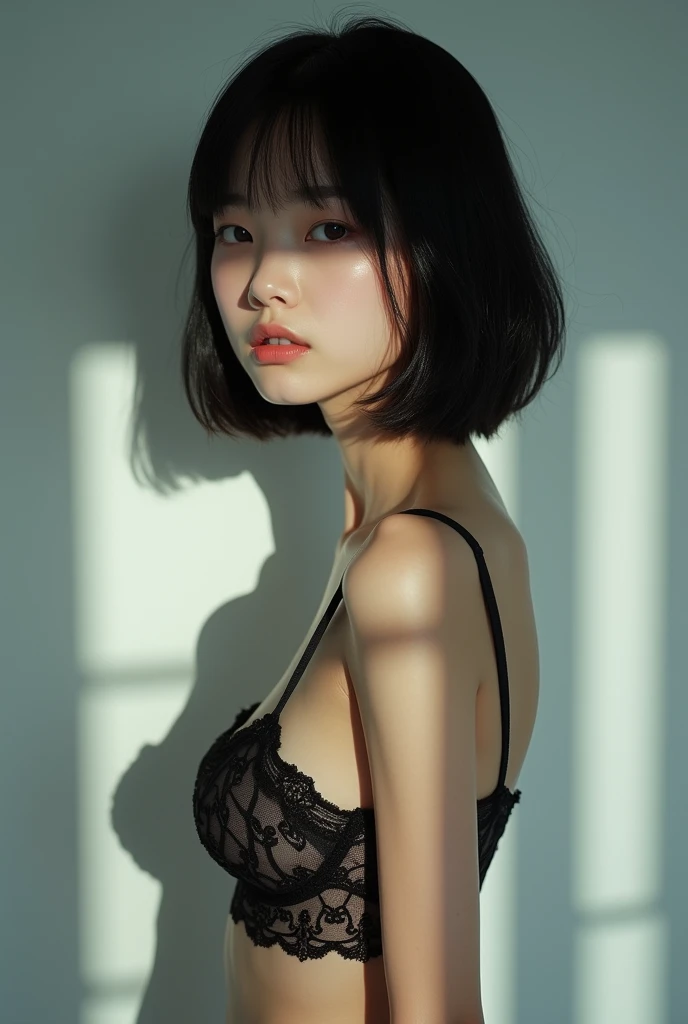 8k, Ultra-high resolution, Highest quality, masterpiece, Rule of thirds photograph,surreal, photograph, 1 Girl, (:1.3), pretty girl, Cute Face, Beautiful eyes in every detail, Detailed,masterpiece,One Girl:1.2,Japanese female announcer,cowboy shot,Serious expression,Black short hair,Bob with bangs, transparent Lingerie, See through, Look forward, Standing posture, Opposition, Dynamic Lighting, Sharp contours, Light from above, Low contrast, (Side view),Perfect and beautiful face ,Perfect and cute face, Skin with attention to detail, Perfect limbs、Narrow waist,Looking at the audience,(((Ideal body type))),B cup breasts :2,Portraiture:2,Perfect Anatomy,Vividly detailed,detailed,surreal,Light and shadow,glowing, nfws