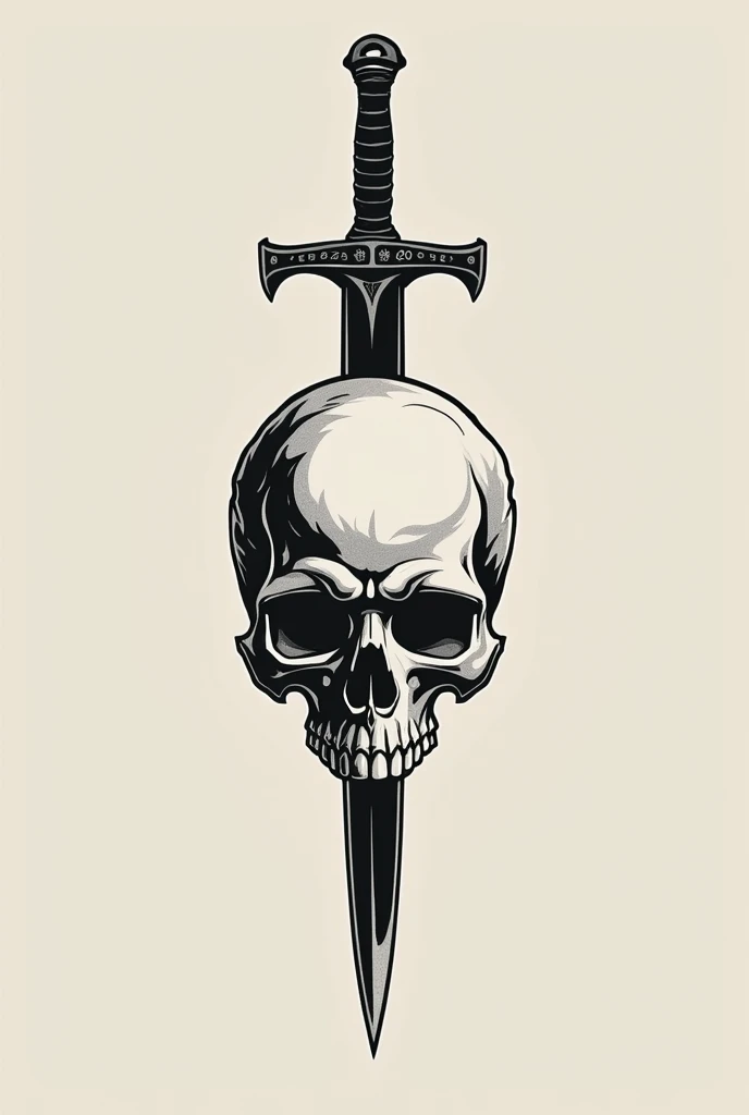 tattoo design of a skull with a sword stuck behind the skull top minimalist vector design