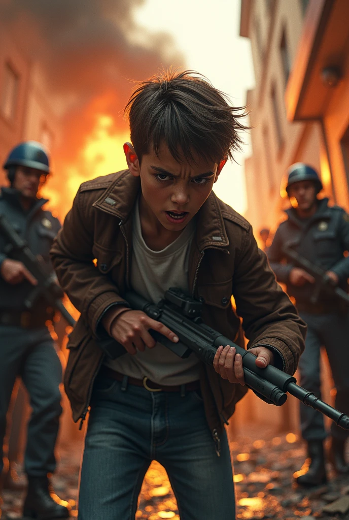 A boy take a weapon during vandalizing a building in crowded place, there was a fire in the room, police are standing beside the building.