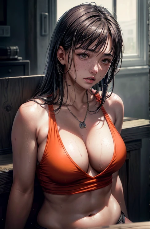 Kaori, Single model, solo, half Asian, half Latino, very long straight black hair, freckles, blushing, wet eyes, long chain pendant, very large heavy breasts, chubby, belly, stretchmarks, fitted pink tank top (braless) small orange lycra shots (best quality,4k,8k,highres,masterpiece:1.2),ultra-detailed,(realistic,photorealistic,photo-realistic:1.37),detailed portrait, cinematic lighting, natural skin texture, intricate details, dramatic colors, moody atmosphere, seductive pose