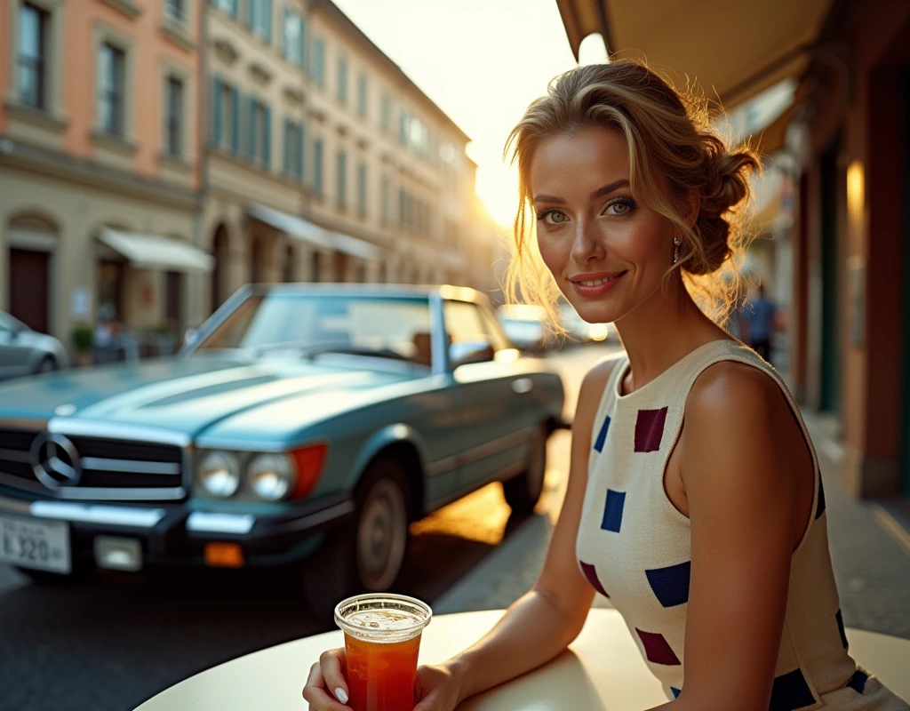 Kodak gold film Photo of a tall, glamorous 30 year-old woman. brown hair with blonde highlights pulled back in formal bun. blue eyes. blue eyeliner. long lashes. full bow shaped lips. Wearing cream color MCM style sleeveless dress with random navy and maroon squares. Black high heel shoes. Sitting at table in outdoor cafe. black purse. Iced tea. Parked on side is an azure blue 1979 Mercedes 380SL roadster. street in Rome, Italy. Sunset colors. loving smile