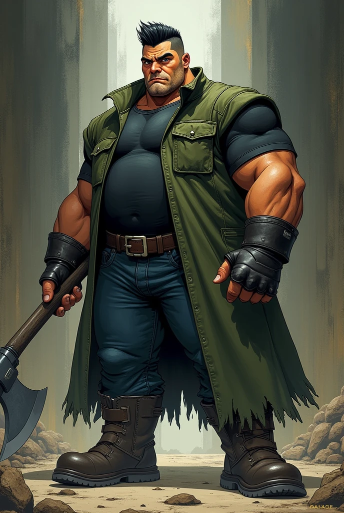 In the Human Comics style, create a character, Godri, a fat, wide, very strong and muscular boy, had a determined look and an imposing presence. with straight, black hair combed upwards. He wears a short moss green coat and a black shirt underneath, dark jeans with round, steel-toed boots, and a black leather glove. He holds in one hand a large steel axe with black ruffs and gold details.