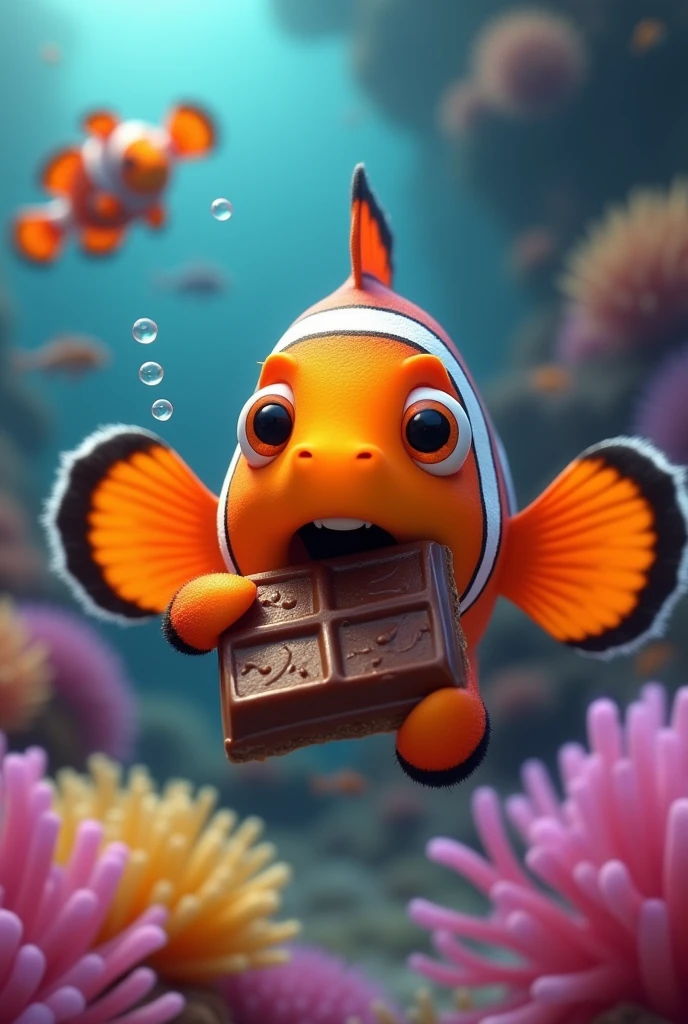 clownfish biting chocolate bar