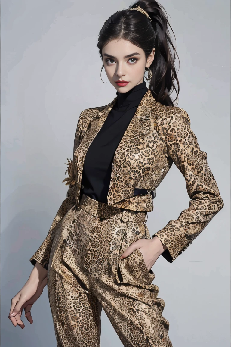 "Ultra-detailed, photorealistic, high quality, vogue magazine cover, stylish, sophisticated, (A woman in her 40s, with a sleek and fit figure, dressed in a leopard print blazer and matching pants. The outfit is form-fitting yet elegant, paired with a simple black silk blouse underneath, perfect for a stylish and confident look. Her makeup is subtle, enhancing her natural features. Hair is pulled back in a sleek ponytail, completing the polished appearance)."