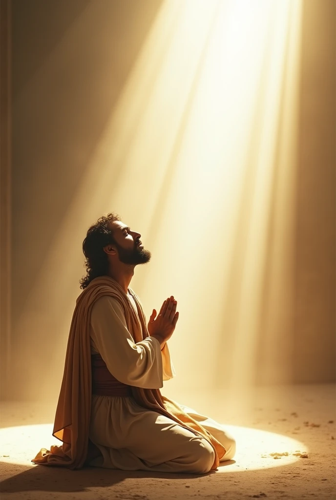 Samuel kneeling with a white light above to the right
