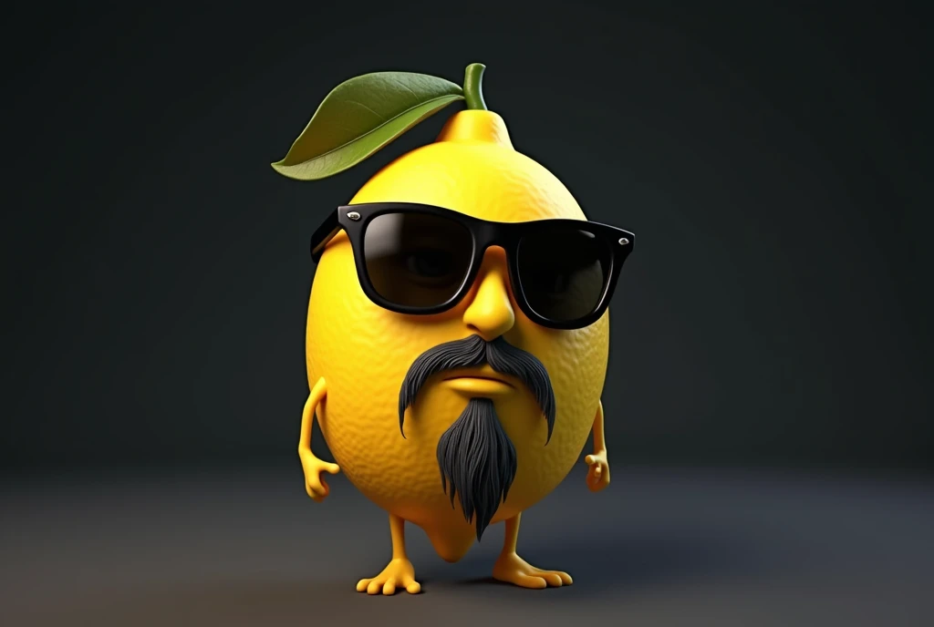 Create a lemon character with sunglasses and a goatee. The lemon should have a unique appearance, with a well-groomed gray goatee that complements his look. Add a pair of sunglasses that enhance your personality, perhaps with a sleek or modern frame. Black power hair naturally fitting the shape of the lemon, with a cut that conveys style and maturity. Keep the lemon's yellow color vibrant, but with details that show your character and personality. The background can be simple and dark, with a focus on the character to highlight its distinctive features.
