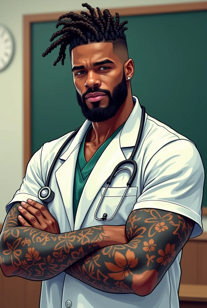 Manga style image of a veterinarian, man, dark-skinned, using braids, with a degraded haircut, using short beard, with tattoos on their arms, in a classroom with a blackboard in the background