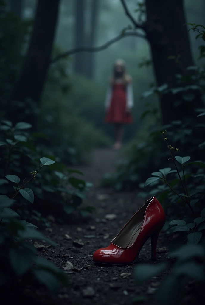 "A haunting forest scene with dense, lush greenery, filled with an eerie, mysterious atmosphere. In the foreground, a single red slipper lies on the forest floor with its sole facing upward, partially covered by leaves and dirt. In the background, a young dead white woman wearing a red frock lies motionless on the forest floor, her body surrounded by thick foliage. The light filtering through the trees casts a soft, dim glow, enhancing the unsettling mood of the scene. The overall composition creates a sense of unease and mystery."