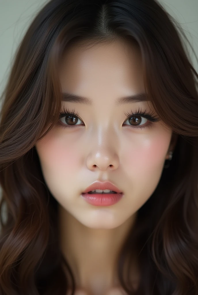 Round eyes、Double eyelids、Brown eyes、Long eyelashes、Realistic Photo, 30 year old Japanese woman,Brown Hair、Wavy long hair、Thin lips、Heavy makeup
