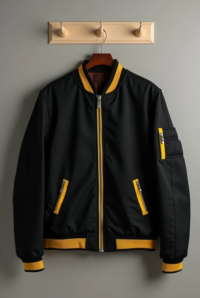 classic black bomber jacket, with yellow central closure, Yellow side pocket closures, hanging on a coat rack, without waistband or cuffs in other fabric