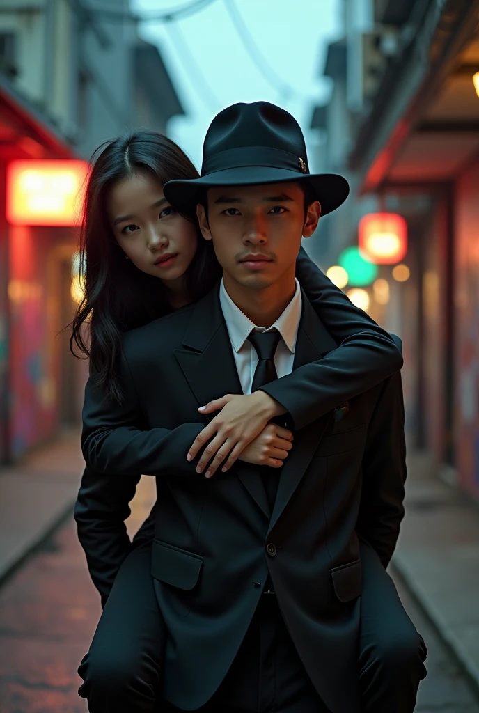 make me a gta malaysia whice is adik beradik role play character have a girl and a boy they dress up like mafia vibes the girl is piggy back the boy
