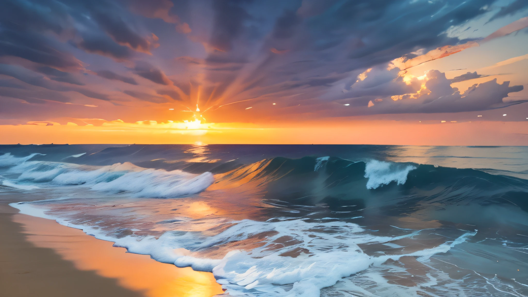 a beach, beautiful sunset, ocean waves, golden sun, dramatic clouds, serene atmosphere, peaceful scene, tranquil landscape, detailed realism, photorealistic, 8k, high quality, masterpiece, cinematic lighting, dramatic lighting, vibrant colors, warm tones