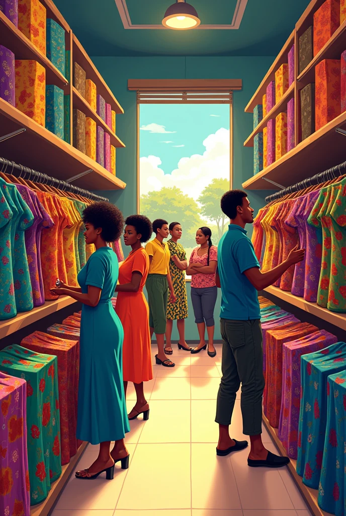 Our store is kawezi chitenge fabrics, we supply chitenge fabrics also known as Ankara. Generate an illustration of our store service clients