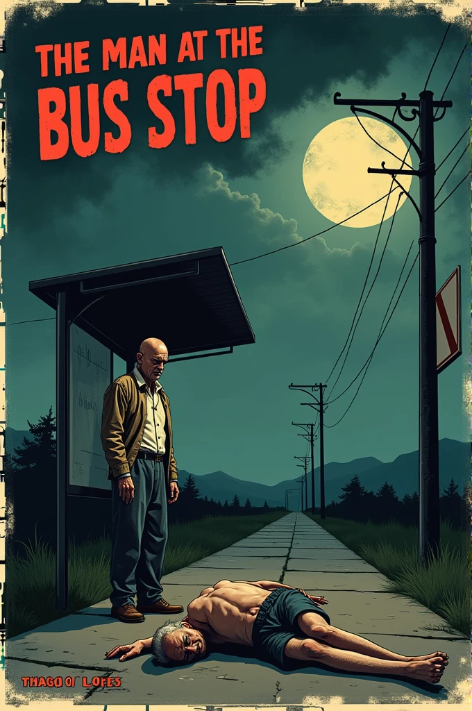 Create a vintage poster style art, for the horror story, The Man at the Bus Stop, by the author Thiago Lopes, which tells the story of a bald and bitter bar owner who finds a naked old man at night and discovers that the man is dead, waiting for the bus that will take you to the other side.