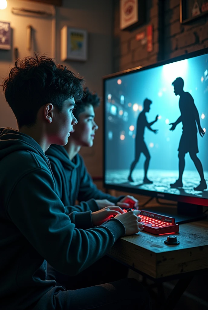 Two age boys playing a fighting game (the fight in the game is between the shadow of other twi teens) realistc