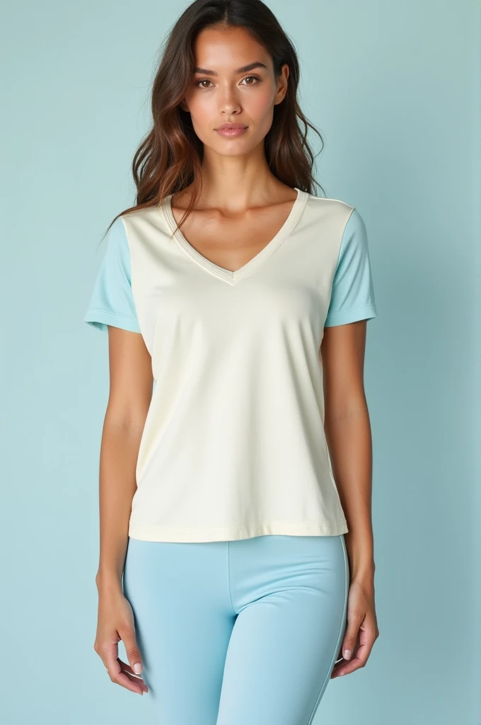 Create a sporty V-neck t-shirt that matches the low cream and a pastel blue 