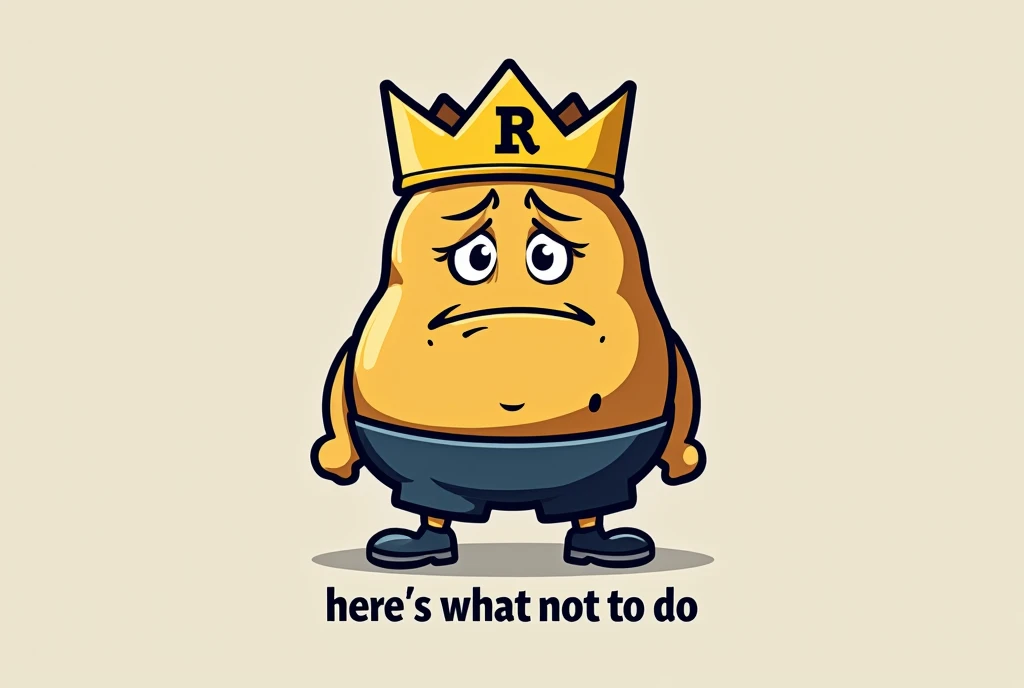 A sports logo of king spud. He is a potato that is wearing a yellow crown with a black R on it. Dark blue shorts, and black football cleats. He is sad, and there’s text that says “Here’s what not to do”