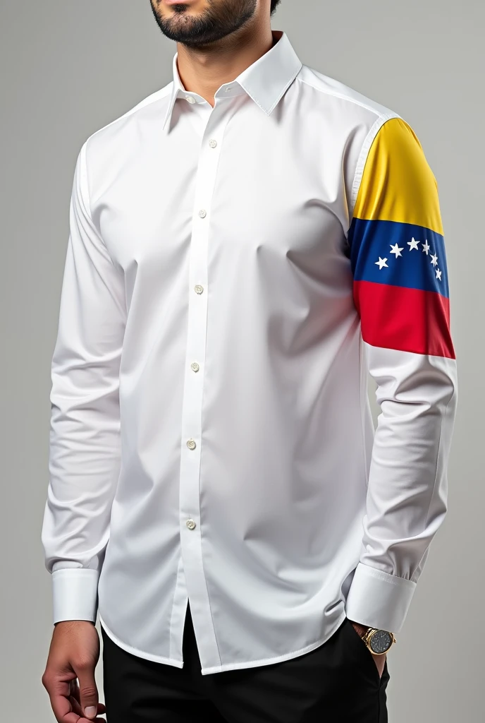 Photograph of a design of a white long-sleeved dress shirt, that has on one sleeve of the shirt from the shoulder to the wrist the flag of Venezuela in a yellow diagonal triangle, blue and red, drawn with its 7 legible and extended white stars