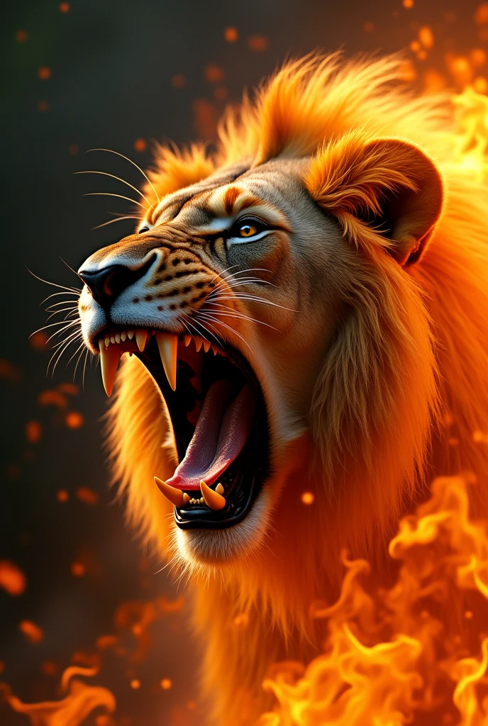 Create an image of a lion's face roaring ferociously, with HD flame effects