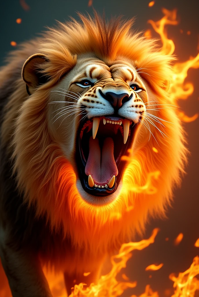 Create an image of a lion's face roaring ferociously, with HD flame effects