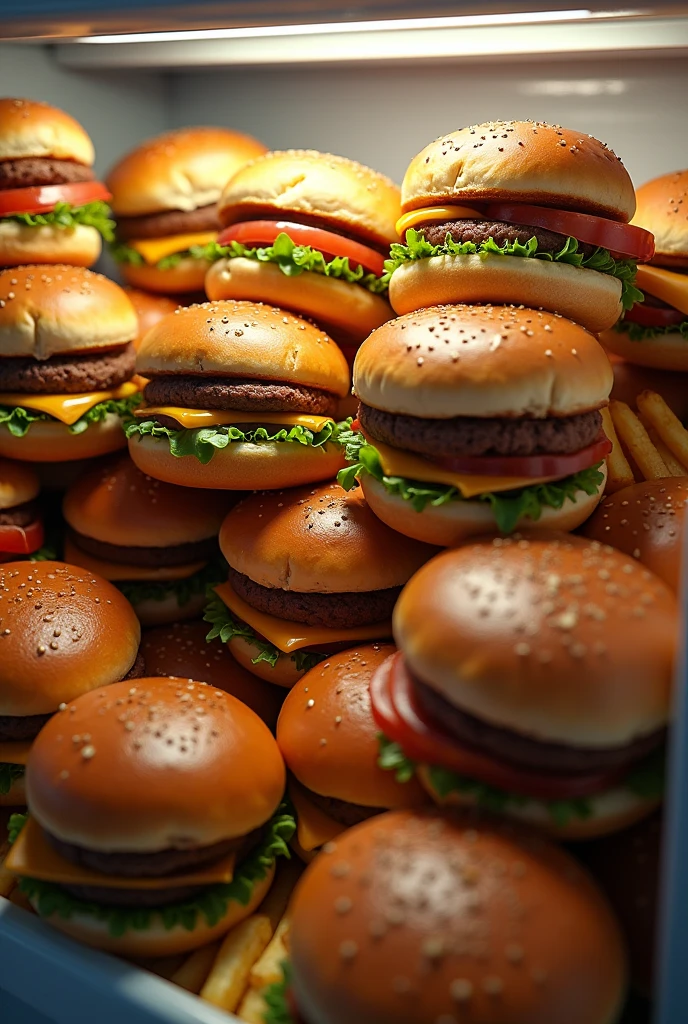 A fridge full of burgers