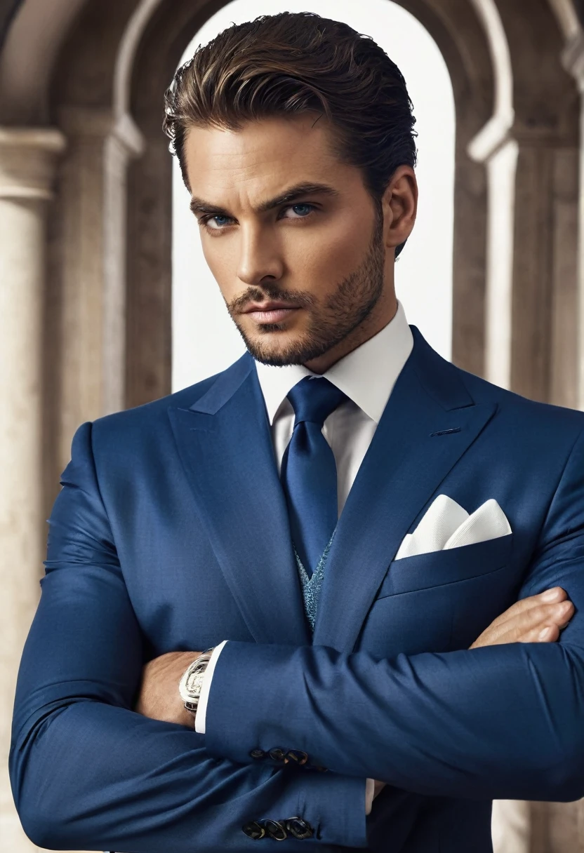 General description: Create an image of Alexander, a central character in an erotic novel, with a look that exudes power, sophistication and seduction. The image must be captivating and attractive, ideal for an e-book cover that stands out on Amazon.
character features:
eyeballs:
Intense blues, deep and expressive, that convey a mixture of desire, trust and emotional complexity.
gate:
Athletic and well-defined, showing toned muscles and a commanding presence. The bearing should reflect strength and masculinity.
tenue:
An elegant and sophisticated suit, preferably in dark or neutral colors like black, dark gray or navy blue. The suit must be well fitted, highlighting his athletic build and reinforcing his power status.
Pose:
In a pose that conveys confidence and authority, like with arms crossed or hands in suit pockets, with an intense and seductive expression. Alternatively, he may be leaning slightly forward, with a penetrating gaze that seems to challenge and attract at the same time.
Another option is to show Alexandre in profile or partially turned towards the camera., with a relaxed but assertive posture, emphasizing the suit and his dominant posture.
Environment and Details:
The background should be subtle and complementary, not diverting attention from the main character. May include a glimpse of the cruise's luxurious surroundings, with soft lighting to create a glamorous effect.
Include details that suggest wealth and sophistication, as an elegant background or luxury elements.
Additional Instructions:
styled: The image should capture the character's sensuality and charm without being overly explicit.. It should suggest a level of mystery and intensity.
focusing: The focus must clearly be on Alexander, with an emphasis on his eyes and expression, that must convey the intensity and desire that are central to the book's plot.
Nota: The image should be designed to be visually appealing and impactful., able to stand out in miniature