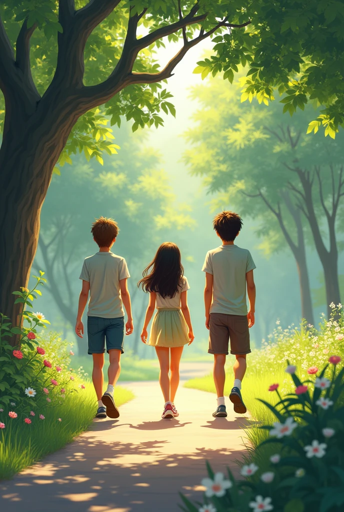 Lily seemed to sense the tension and, with a gentle laugh, suggested they all take a walk together. Two teenager boys and one teenager girl walking in the park