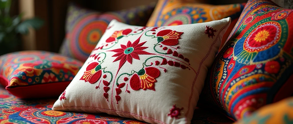 Create an image in the style of Cânhamo, showcasing intricate and vibrant embroidery patterns. Ensure that the design is hyper-realistic, captured in high-definition 8K with vivid colors and sharp focus. The image should be insanely detailed, highlighting the delicacy of the stitches, rich textures, and traditional motifs of Cânhamo art. Surround the central fabric piece with an array of beautifully embroidered cushions and fabrics, all against a background that enhances the vivacity and complexity of the artwork.