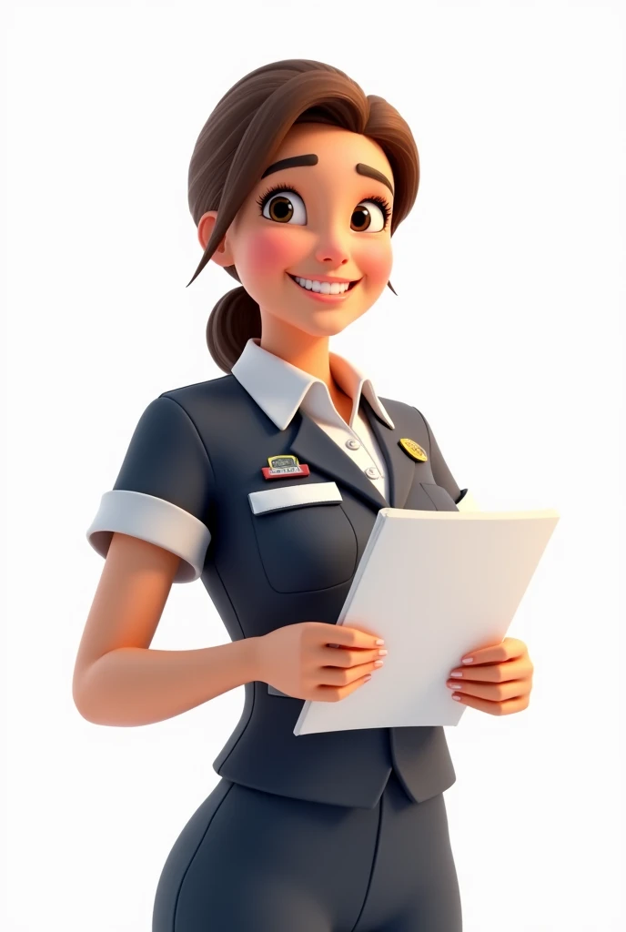 Create a professional happy woman handing a piece of paper wearing health and safety uniform at work with white background in animated style