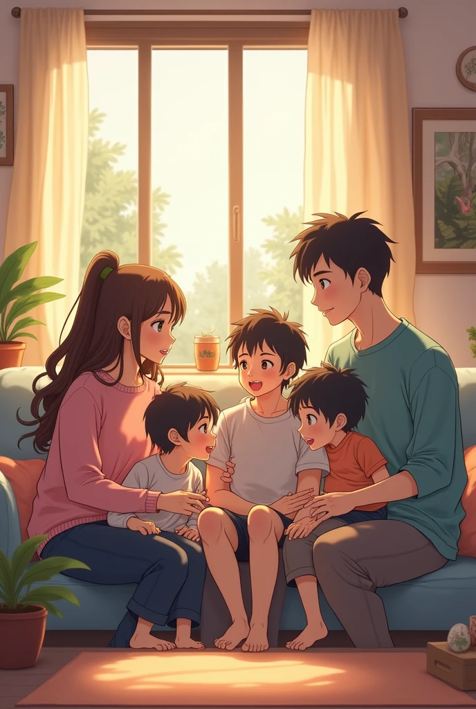Family of two women and three men anime 