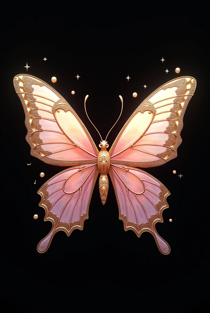 Completely black background with a butterfly in the middle of the screen, with colours in combination with pale pink and derivatives; and golden, mythical and crystal art style, that has details in the structure of the drawing referring to a parrot, a turtle and a musical note