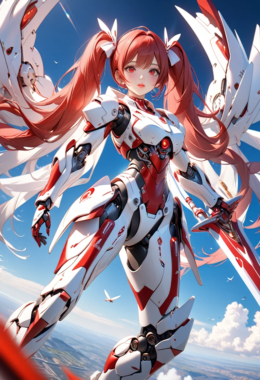 Ultra HD 3dCG concept art, A girl wearing robot armor holds a long sword and flies dynamically through the sky.1girl robot girl with long red hair in twin tails,Red and white mechanical barrette, Very detailed red eyes, Beautiful lips, Breathtakingly beautiful detailed skin,Red and white wearing flashy robotic armor, The stylish depiction and realism of the robot armor, the detailed depiction of the robot armor's mechanisms, the gloss and texture of the surface,(holding a long red and white sword:1.5). Accurate depiction of the hand holding the sword,The highly detailed patterns and shapes of the sword, the glow of the sword blade and the red beam emission effect from the blade,flying through a blue sky、(Dynamically flying through the sky:1.2)、Full-body view,High quality, high precision images,(masterpiece, best quality, 4k, 8k.:1.5). Ultra detail, ultra fine painting, 3D rendering, cinematic lighting, vivid color, professional photo resolution, award winning、