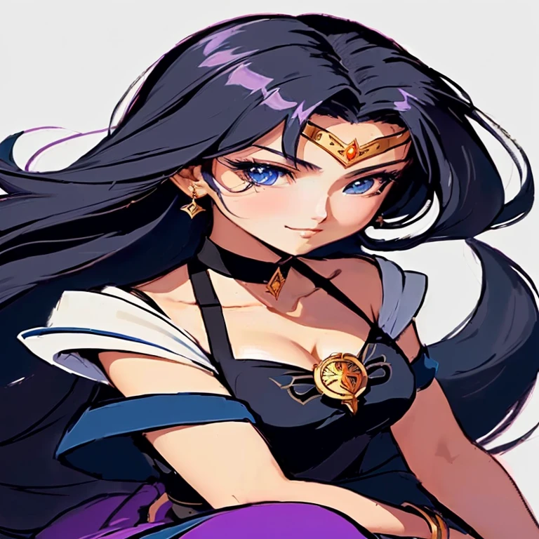 a close up of a woman with long hair and a sword, portrait girl of the zodiac knights, girl of the zodiac knights, portrait of a female anime heroine, Anime goddess, anime artstyle, anime art style, high quality anime artstyle, the goddess Artemis smiling, dust, anime in fantasy style, black hair wizard, Anime princess, sailor moon style