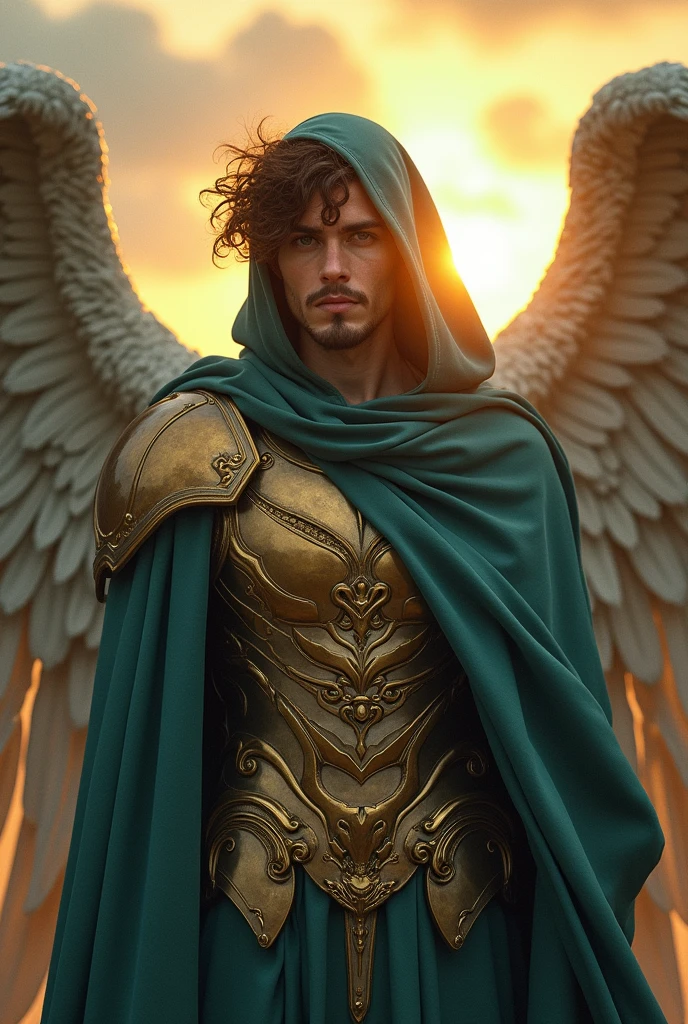 An angel man, dressed in petroleum-colored clothes, cloudy sky, new, the cloak, hooded cloak, sun shining, golden and petrol colored armor, Magnificent, Handsome, magical, celestial, caHandsome corto, photo frame.