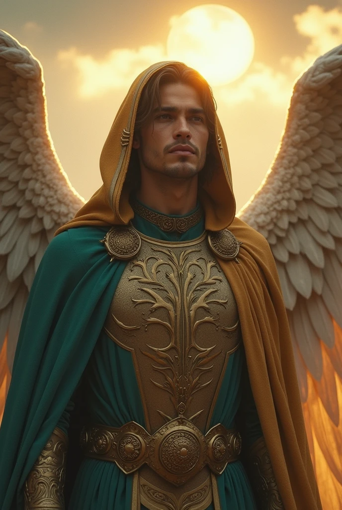 An angel man, dressed in petroleum-colored clothes, cloudy sky, new, the cloak, hooded cloak, sun shining, golden and petrol colored armor, Magnificent, Handsome, magical, celestial, caHandsome corto, photo frame.