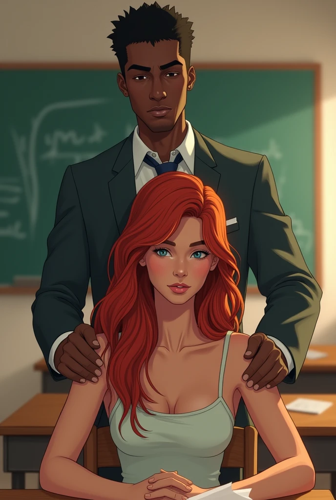 Photo
Dans une salle de classe une etudiante avec des cheveux rouges ondulés et longs . Elle est assise derriere un pupitre la tete baissée et soumise a son professeur
Le prof vient de l'île de la reunion il a un teint mat des cheveux noir et court il provoque son élève en etant derriere elle les mains Sur ses epaules son visage on voit la satisfaction d avoir le controle sur son eleve
