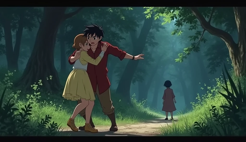 Create a dramatic scene showing a younger sister stealing a boyfriend from the older sister, depicted in the style of Princess Mononoke. Show the older sister’s devastation and the younger sister’s lack of remorse. The environment should convey a sense of betrayal and heartbreak, with the parents appearing indifferent in the background.