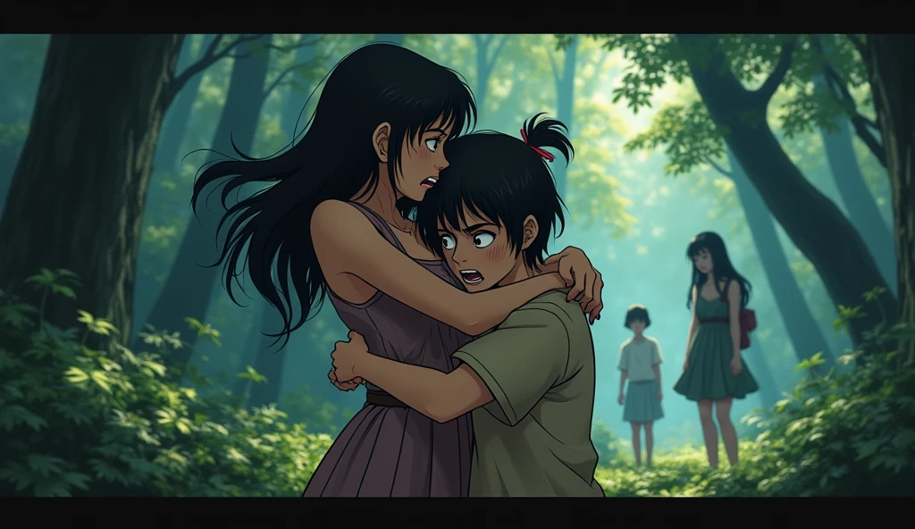 Create a dramatic scene showing a younger sister stealing a boyfriend from the older sister, depicted in the style of Princess Mononoke. Show the older sister’s devastation and the younger sister’s lack of remorse. The environment should convey a sense of betrayal and heartbreak, with the parents appearing indifferent in the background.
