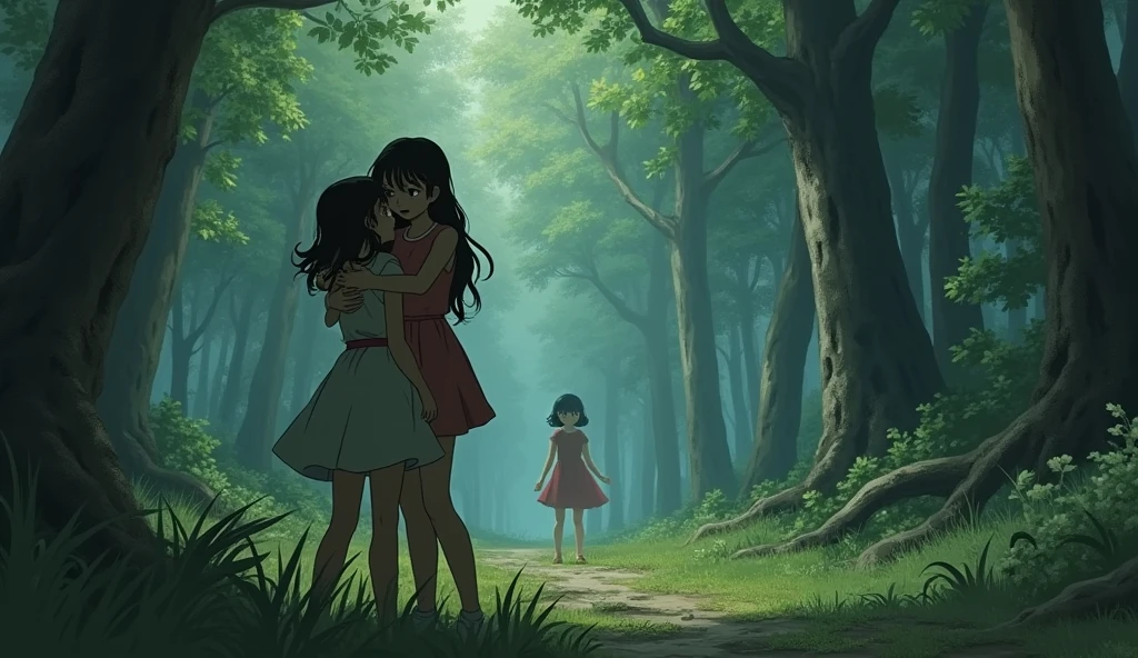 Create a dramatic scene showing a younger sister stealing a boyfriend from the older sister, depicted in the style of Princess Mononoke. Show the older sister’s devastation and the younger sister’s lack of remorse. The environment should convey a sense of betrayal and heartbreak, with the parents appearing indifferent in the background.