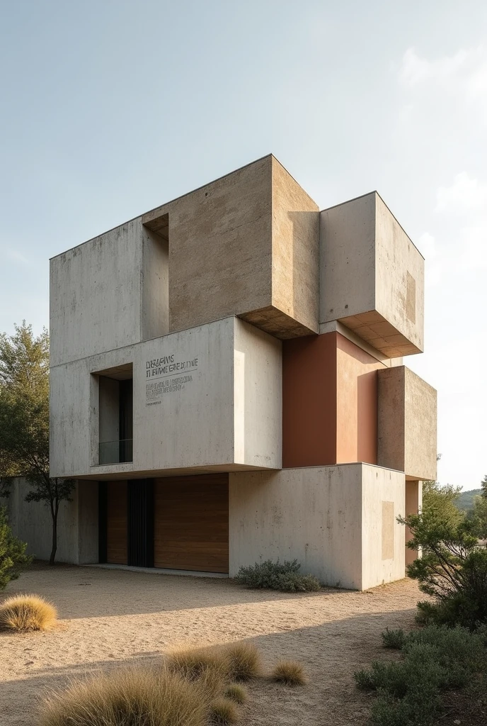 Create an architectural image outside an equine therapy center that looks complete with the characteristics of the works of architect Carme Pinós, with very abstract and superimposed square figures, with different materials, without so many curved lines