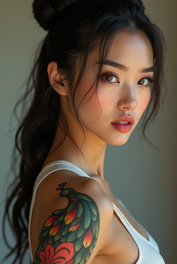 Asian Woman Skin: White and soft.Complexion: Slim and athletic, with a figure sculpted by physical training.eyes: Dark and penetrating browns, with an intense and expressive look.nose: Prominent and well defined, adding character to your face.eyebrows: thick, perfectly arched and a dark color that highlights her eyes.Lips: Fleshy and with a natural pink tone, that contrast with her light skin. With a peacock tattooed arm 
 