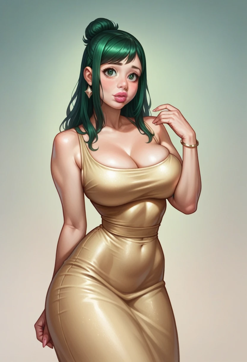 inko midoriya, solo, sole female, 1 female, venus body, thick body, leyendecker, mature, older female, dongtan dress, big lips, small waist, narrow waist, thick, plush body, soft curves, cute, milf, mother, eyeshadow, lipstick, jewelry, bimbo, motherly, eyeliner, detailed eyes, detailed face, detailed outfit, visual novel, photorealistic, hyperrealism, green hair, green eyes