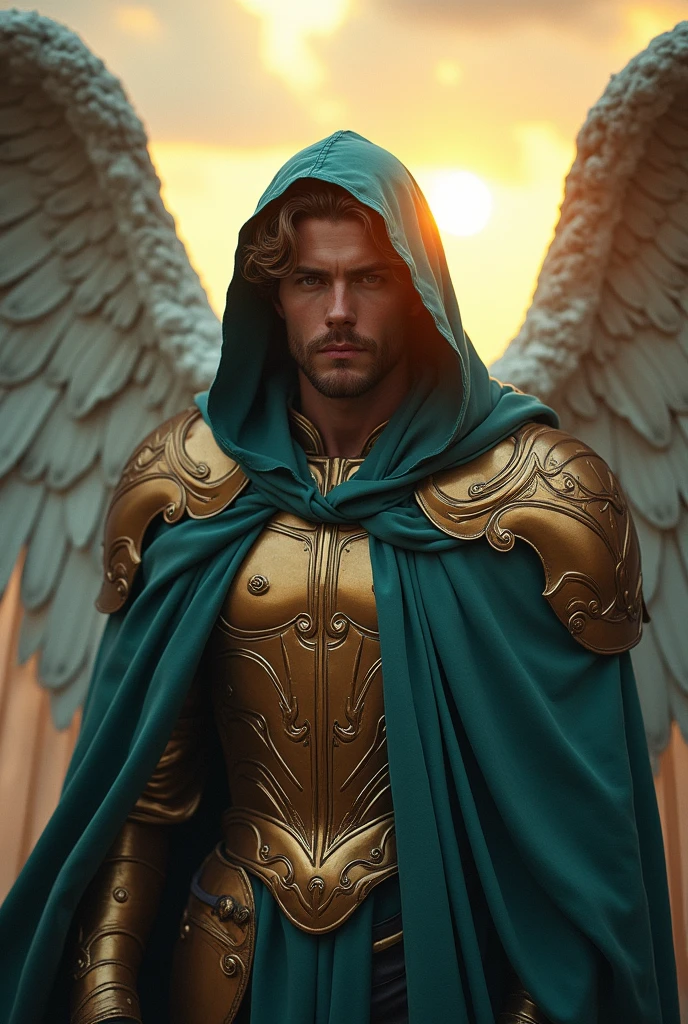 An angel man, dressed in petroleum-colored clothes, cloudy sky, new, the cloak, hooded cloak, sun shining, golden and petrol colored armor, Magnificent, Handsome, magical, celestial, caHandsome corto, photo frame.